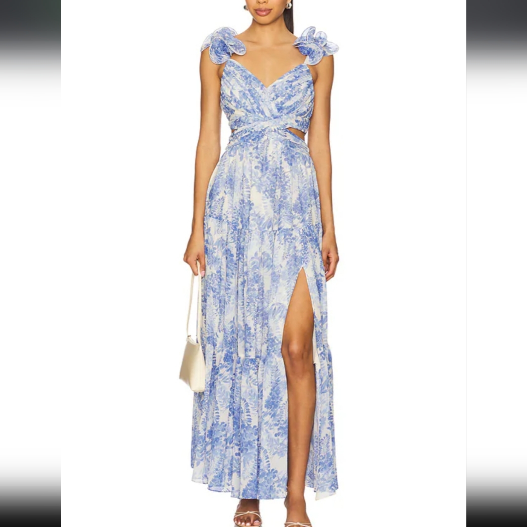 Blue Floral Maxi Dress With Shoulder Ties